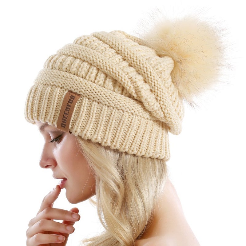 QUEENFUR Women Knit Slouchy Beanie Chunky Baggy Hat with Faux Fur Pompom Winter Soft Warm Ski Cap - Image 3